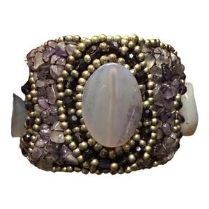 Purple Enchantment Oval Stone Mix Beaded Cuff Bracelet Threaded Brown Cuff